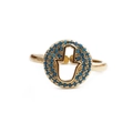 Detail of gold-plated Hamsa hand ring with micro-set blue stones and adjustable band - Adjustable Open / Blue/Gold