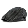 Béret vintage en denim gris foncé délavé avec empiècements rayés et boucle métal - Réglable / Noir