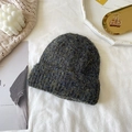 Winter chunky knit beanie in dark blue melange yarn with cozy ear protection style - Black and Gray