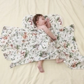 Soft muslin cotton baby blanket and pillow set with forest animals woodland pattern - Spring Awakening