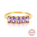 Detail view of gold-plated silver ring with five oval purple gemstones and 925 stamp - Purple 5-Stone