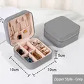 Portable gray PU leather jewelry box with zipper closure and necklace hooks inside - Zipper Style / Gray