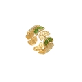 Golden titanium steel leaf ring featuring green enamel accents and adjustable open design - Gold-Green (R304100)