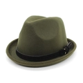 Close-up of olive green wool fedora hat featuring a black leather band and metal buckle - M (56-59cm) / Army Green