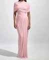 Elegant pink off-the-shoulder evening gown with pleated waist and draped maxi skirt - S / Pink