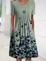 Sage green short-sleeve midi dress with blue floral print and pleated neckline - S / Dress (1950 Printed Series) / Green With Dark Blue Floral