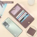 Lotus purple genuine leather RFID wallet featuring multiple card slots and litchi texture - Taro Purple
