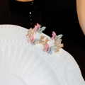 Vintage gold butterfly earrings with pink-blue gradient wings and pearl accents - Gold Round Butterfly Pearl Rhinestone Earrings