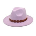 Detail of lavender fedora hat featuring a brown braided leather band on textured felt - M (56-58cm) / Taro Purple