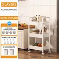 White 3-tier steel storage cart with rolling wheels, 4 hooks, and 2 hanging boxes - Triple Layer / White