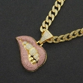 Close-up of hip hop style Cuban chain with pink diamond lip and cigarette pendant - Pink Lips With Cuban Chain / Gold