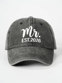 Detail of grey washed cotton baseball cap with white Mr. EST.2026 printed lettering - Adjustable / Mr. / Black