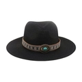 Chapeau de soleil en paille noire à large bord avec ruban ethnique et pierre turquoise - Chapeau de Paille Noir (Pierre Bleue Ovale)