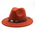 Wide brim orange wool felt fedora hat with bohemian turquoise bead band for weddings - M (56-58cm) / Brick Red