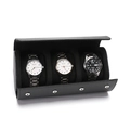 Three-slot black leather cylinder watch case with soft velvet interior and snap closure - 3 Slots Litchi Black