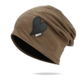 Dark brown slouchy knit beanie with black heart leather patch and metallic detail - One Size / Coffee