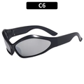 Cyberpunk style black wide leg wrap around sunglasses with light gray lenses model C6 - Black Frame Silver Mirror