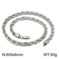 Polished silver stainless steel rope chain necklace 600mm length and 8mm width size - Steel 600x8mm
