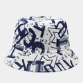 Detail of white bucket hat featuring navy graffiti patterns and reinforced stitching - Dark Blue Graffiti on White (Color #13)