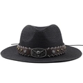 Detail of woven straw cowboy hat featuring brown leather band and bull head metal buckle - M (56-58cm) / Black