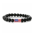 Detail of matte black beaded bracelet featuring a rectangular American flag charm bead - Matte Black Long