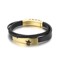 Bracciale multistrato da uomo in pelle nera con chiusura in acciaio dorato motivo stella - 21cm Oro (KB150259-KLHQ)