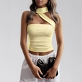 Y2K halter neck cropped top in light yellow featuring asymmetric cutout design - S / Yellow