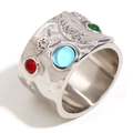 Silver wide band ring with colorful gemstones and celestial moon star engravings - US 6 / Steel