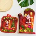 Christmas oven mitt and pot holder set with Santa print on red heat resistant fabric - H020 Red Santa