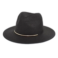 Detail of black straw fedora hat featuring a stylish gold metal bar accent on the base - M (56-58cm) / Black