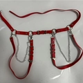 Red PU leather punk body harness with heart studs and silver hanging chains - Red Heart Harness / Red
