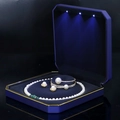 Octagon dark blue LED jewelry gift box with gold trim for necklaces and pearls - Pearl Box / Blue