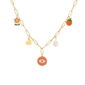 Collana dorata con ciondoli a fragola, fiore rosa, cuore e occhio smaltato - Stile Malocchio Fiore Rosa Cuore (2#)