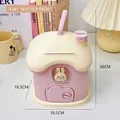 Pink and beige house-shaped piggy bank for kids featuring a cute rabbit window and heart icons - Pink Mushroom House