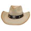 Retro strooien cowboyhoed met vintage gebrande rand en metalen schedel decoratieband - Gradiënt strooien hoed / Beige met winddicht touw (Witte schedel)