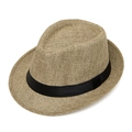 Classic light brown woven straw fedora hat with a stylish black satin band for men - Light Khaki