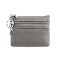 Grey genuine leather mini coin purse with lychee pattern and three zip pockets - Gray