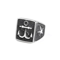 Vintage stainless steel ring with embossed nautical anchor and star details in silver - US 7 / Vintage Polished Silver Black (23202)