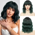 Short wavy dark green bob wig with bangs and synthetic hair texture for women - Dark Green
