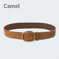 Minimalist camel suede leather wide belt with a vintage gold oval metal buckle - Camel