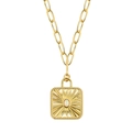 Collier vintage doré avec pendentif carré motif soleil et incrustation d'opale blanche - Cuivre Plaqué Or 18K / Pendentif Opale Motif Soleil Doré