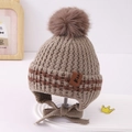 Gorro de punto de rayas marrones para bebé con orejeras y pompón suave - Talla Única Niño / Gris