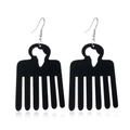 Detail of black wooden afro comb earrings with cutout African map on white background - Style 7 (African Map Comb)