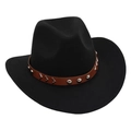 Detail of black felt cowboy hat with studded brown leather band and metallic V-accents - One Size / Black
