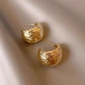 Minimalist geometric gold C-shaped earrings with irregular pleated texture on silk - Golden Irregular Wrinkle Texture Style (HE12848)