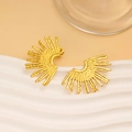 Detailed view of 18K gold plated fan shaped sunburst earrings with hammered texture - Gold