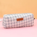 Minimalist grey houndstooth fabric pencil case featuring a brown basic leather patch - Beige Houndstooth