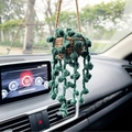 Handmade crochet succulent potted plant car hanging ornament in green and brown - Khaki Basket + Dark Green Small Leaves
