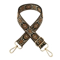 Ethnic style black fabric bag strap with brown and white floral embroidery and gold hooks - Black Base - Brown Flower
