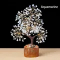 Aquamarine crystal tree with metallic wire branches and solid wood base for home decor - Aquamarine Wood Base Money Tree
